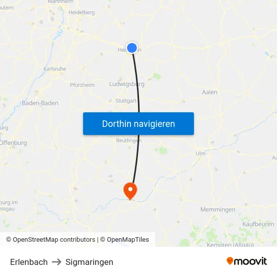 Erlenbach to Sigmaringen map
