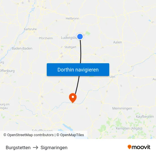 Burgstetten to Sigmaringen map