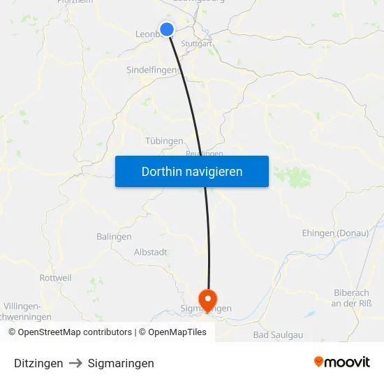 Ditzingen to Sigmaringen map