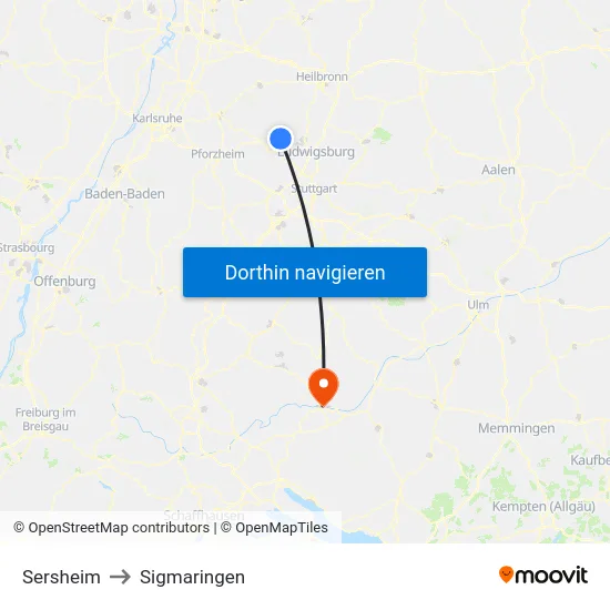 Sersheim to Sigmaringen map