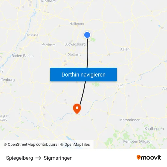Spiegelberg to Sigmaringen map