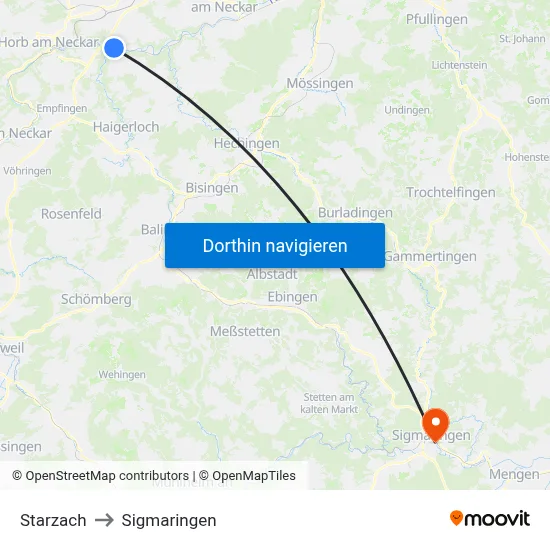 Starzach to Sigmaringen map