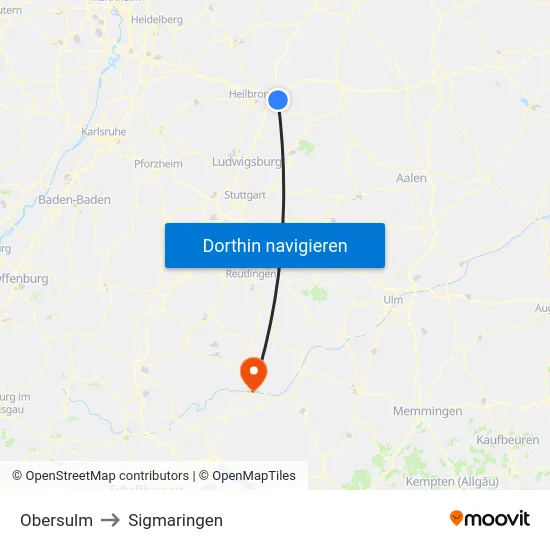 Obersulm to Sigmaringen map