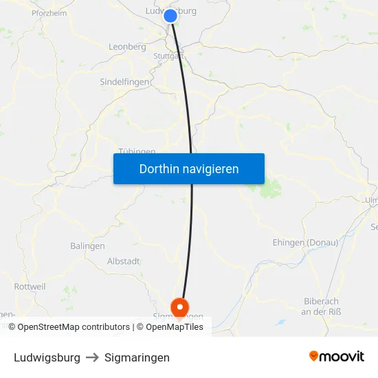 Ludwigsburg to Sigmaringen map