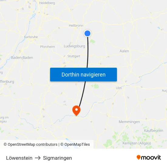 Löwenstein to Sigmaringen map
