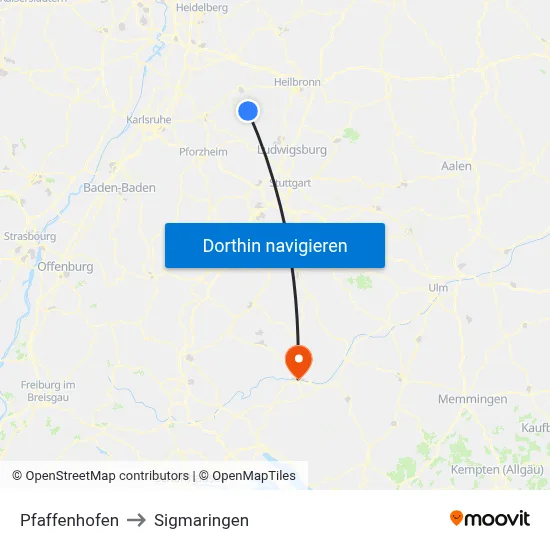 Pfaffenhofen to Sigmaringen map