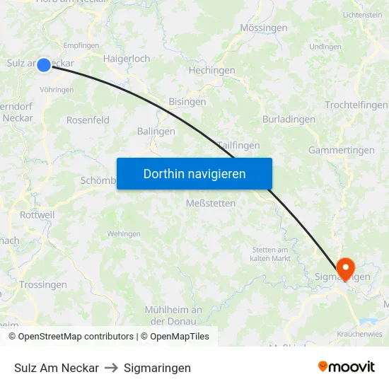 Sulz Am Neckar to Sigmaringen map