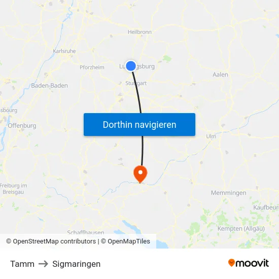 Tamm to Sigmaringen map