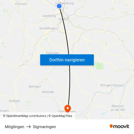 Möglingen to Sigmaringen map