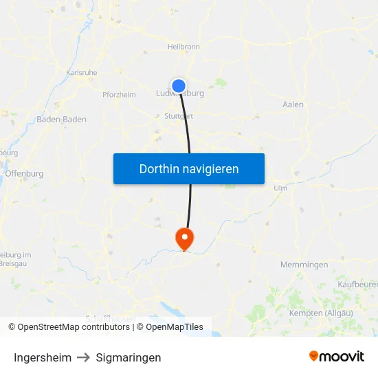 Ingersheim to Sigmaringen map