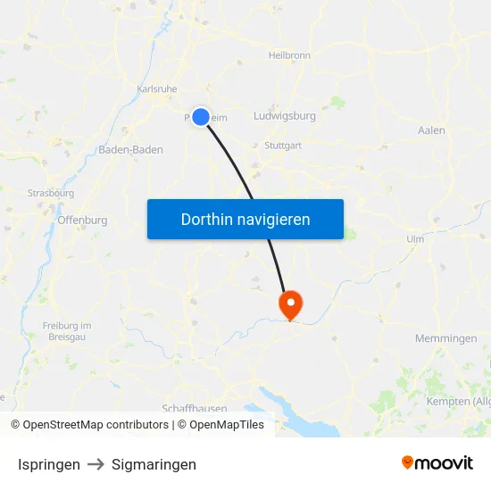 Ispringen to Sigmaringen map