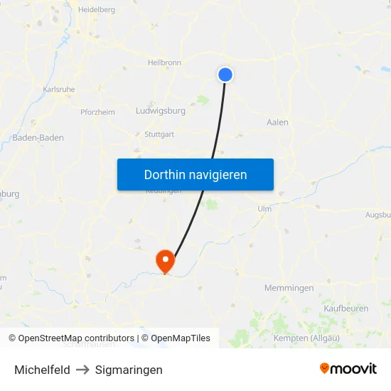 Michelfeld to Sigmaringen map