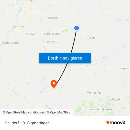 Gaildorf to Sigmaringen map
