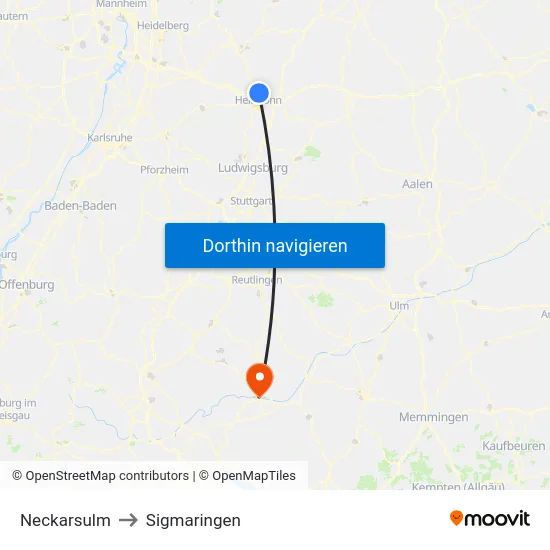 Neckarsulm to Sigmaringen map