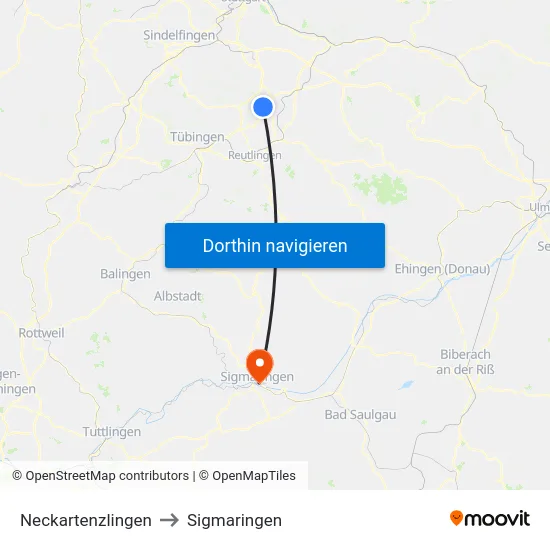 Neckartenzlingen to Sigmaringen map