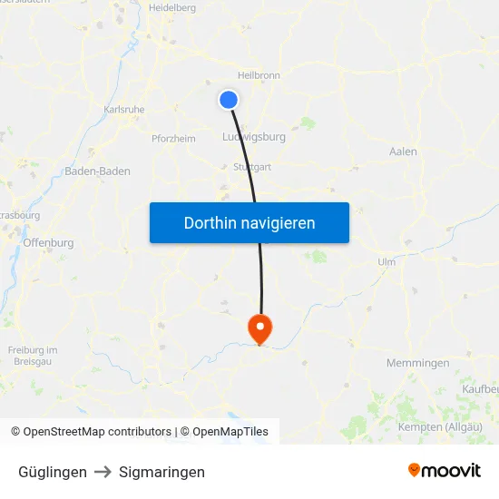 Güglingen to Sigmaringen map