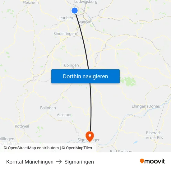 Korntal-Münchingen to Sigmaringen map
