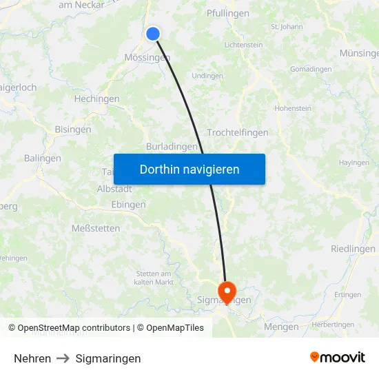 Nehren to Sigmaringen map