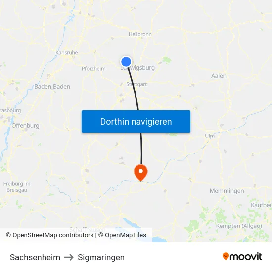 Sachsenheim to Sigmaringen map