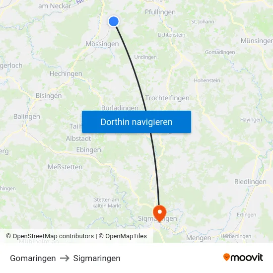 Gomaringen to Sigmaringen map