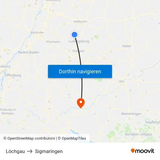 Löchgau to Sigmaringen map