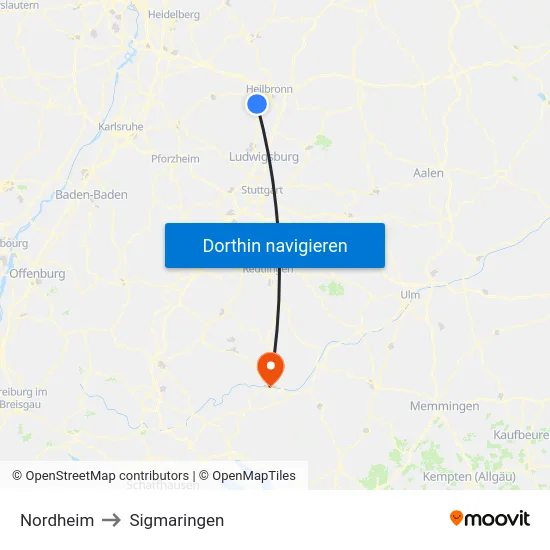 Nordheim to Sigmaringen map