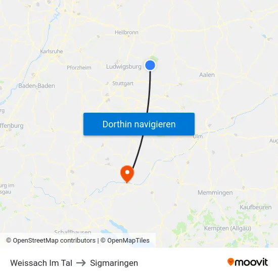 Weissach Im Tal to Sigmaringen map