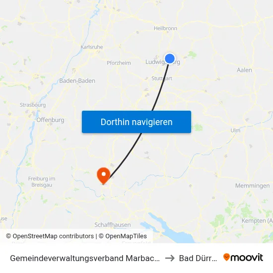 Gemeindeverwaltungsverband Marbach am Neckar to Bad Dürrheim map