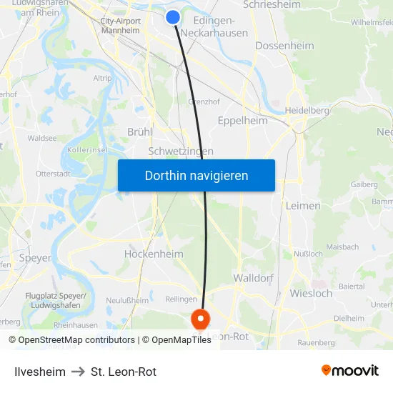 Ilvesheim to St. Leon-Rot map