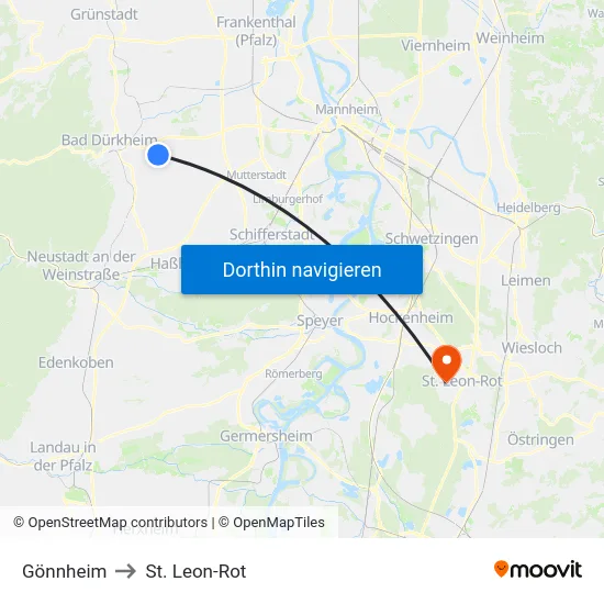 Gönnheim to St. Leon-Rot map