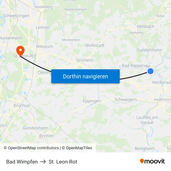 Bad Wimpfen to St. Leon-Rot map