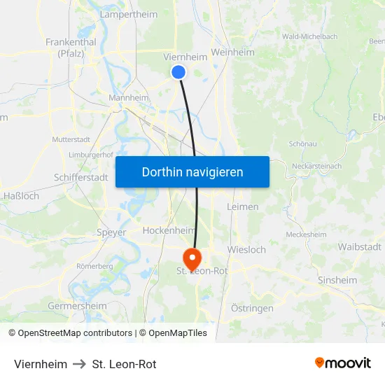 Viernheim to St. Leon-Rot map