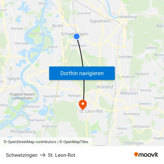 Schwetzingen to St. Leon-Rot map
