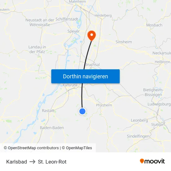 Karlsbad to St. Leon-Rot map