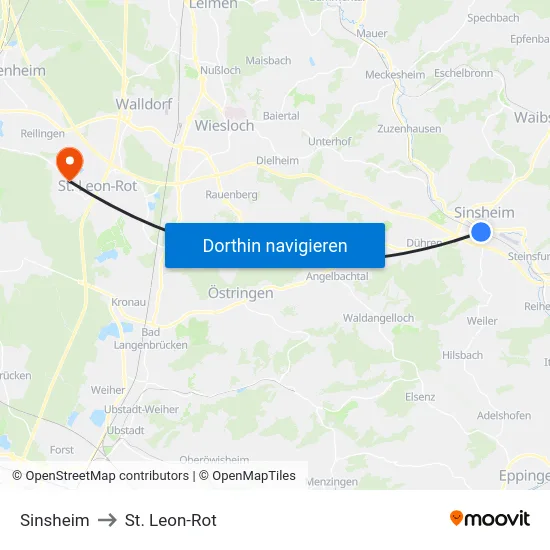 Sinsheim to St. Leon-Rot map