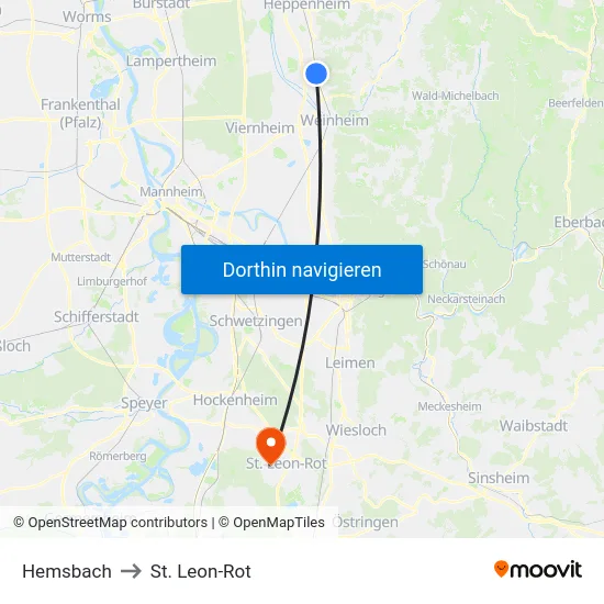 Hemsbach to St. Leon-Rot map