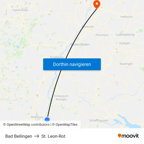 Bad Bellingen to St. Leon-Rot map