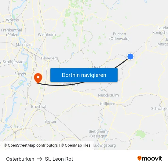 Osterburken to St. Leon-Rot map