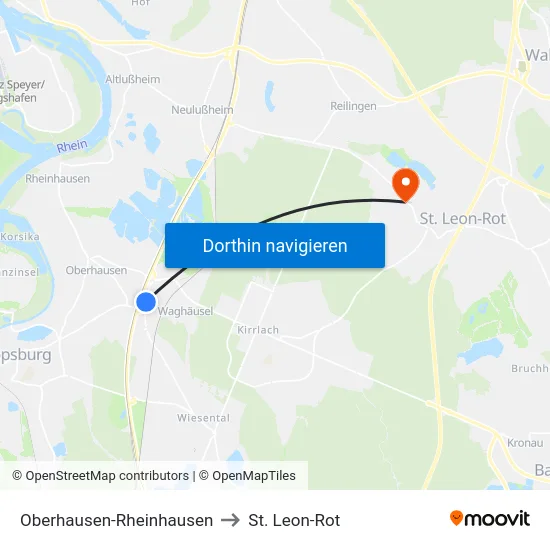 Oberhausen-Rheinhausen to St. Leon-Rot map