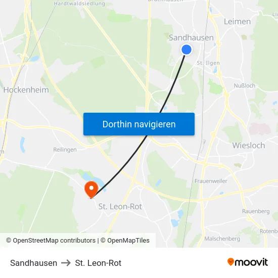 Sandhausen to St. Leon-Rot map