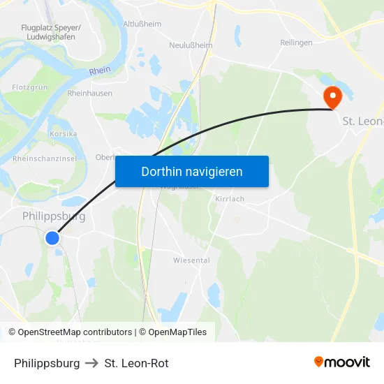 Philippsburg to St. Leon-Rot map