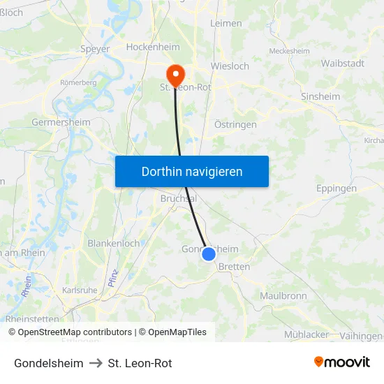 Gondelsheim to St. Leon-Rot map
