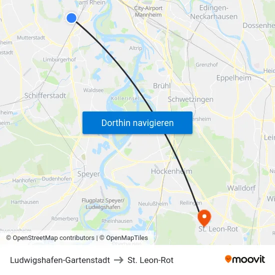 Ludwigshafen-Gartenstadt to St. Leon-Rot map