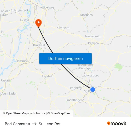 Bad Cannstatt to St. Leon-Rot map