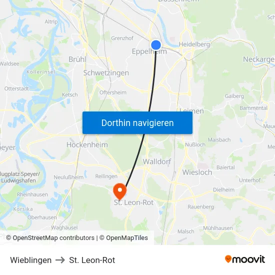 Wieblingen to St. Leon-Rot map