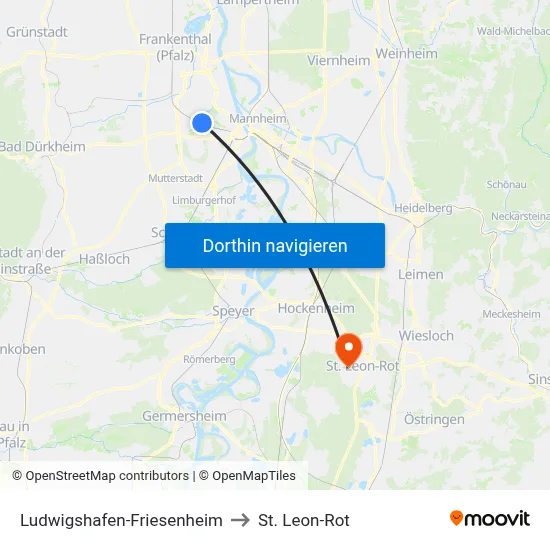 Ludwigshafen-Friesenheim to St. Leon-Rot map