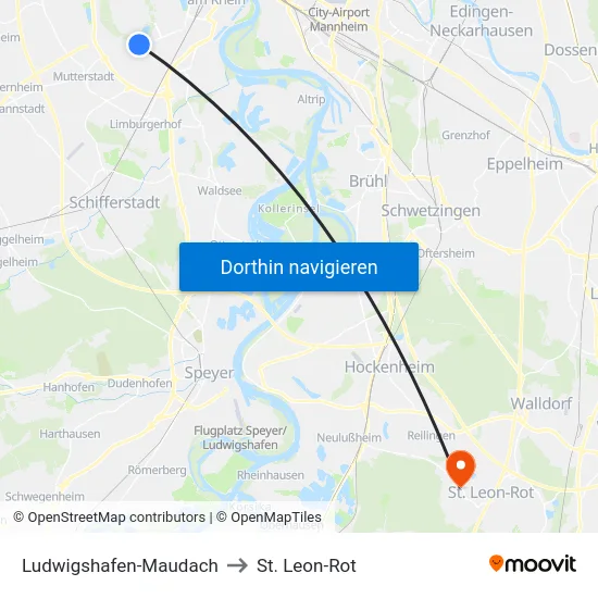 Ludwigshafen-Maudach to St. Leon-Rot map