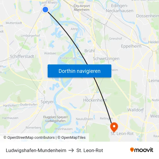 Ludwigshafen-Mundenheim to St. Leon-Rot map