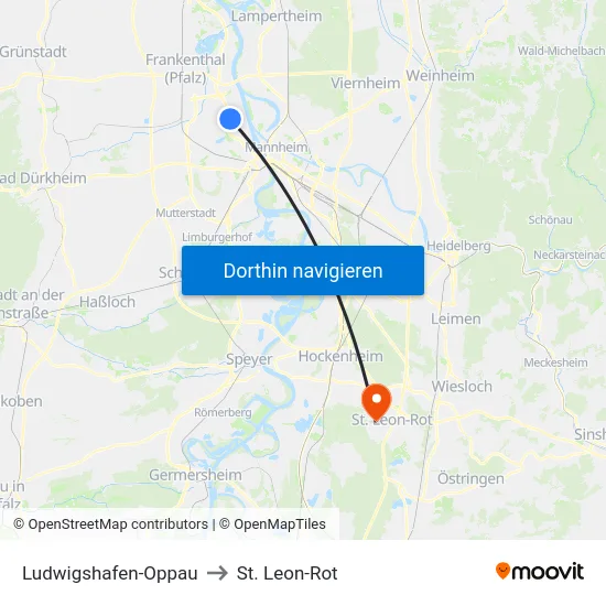 Ludwigshafen-Oppau to St. Leon-Rot map