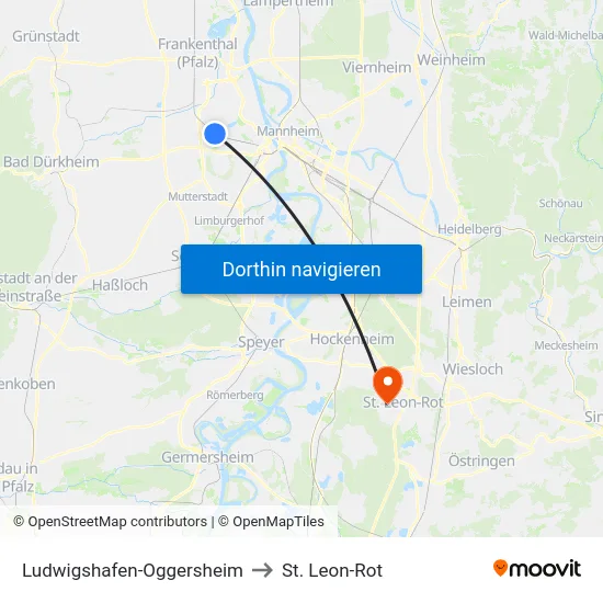Ludwigshafen-Oggersheim to St. Leon-Rot map